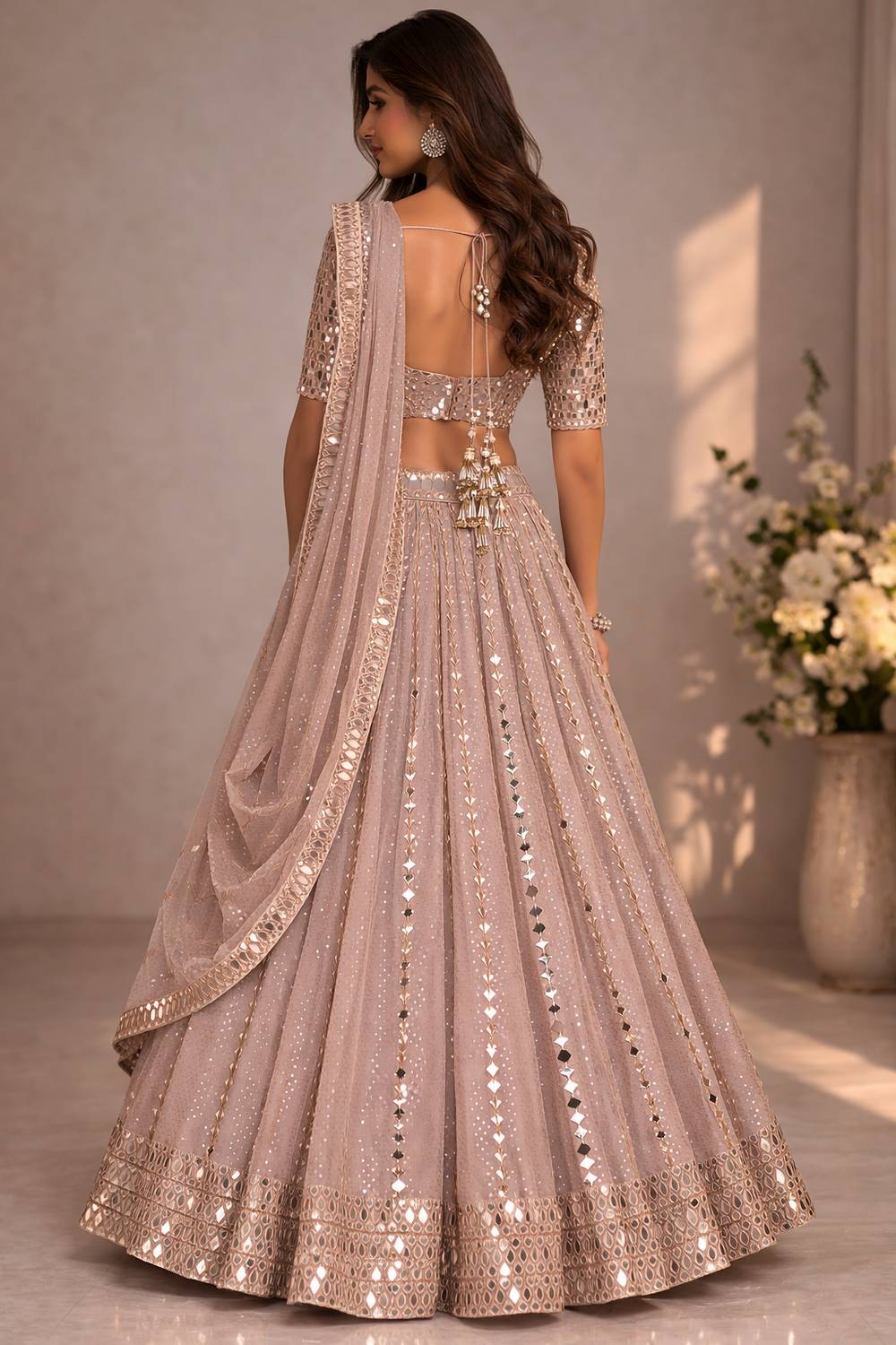 Davina Dusty Mauve Sequin & Mirror Embroidered Semi Viscose Organza Lehenga Saree