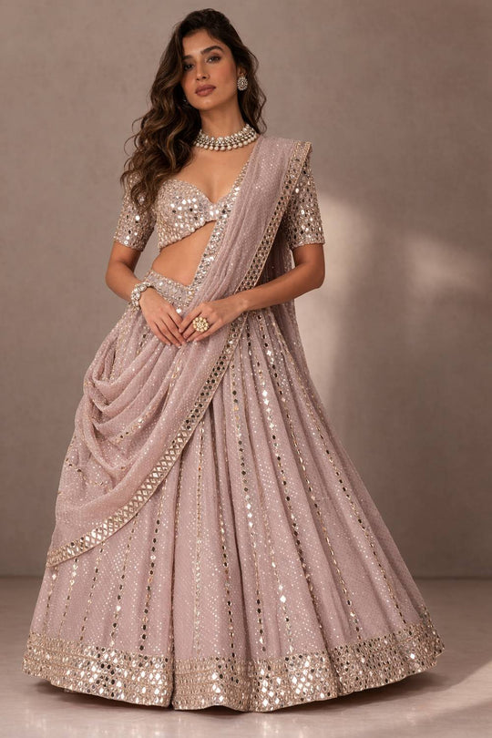 Davina Dusty Mauve Sequin &amp; Mirror Embroidered Semi Viscose Organza Lehenga Saree