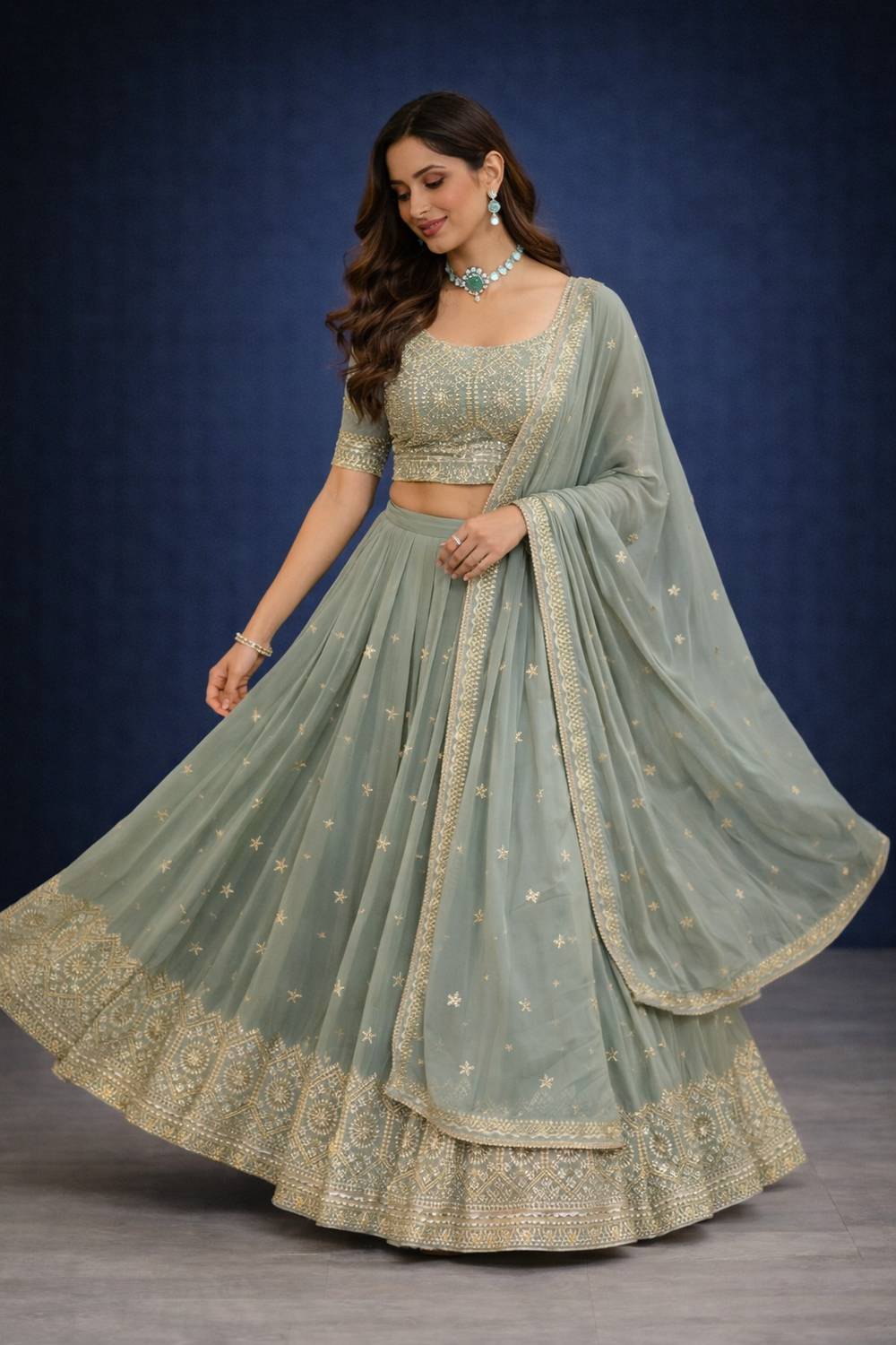 Sienna Sage Green Zari & Sequin Embroidered Faux Georgette Lehenga Saree