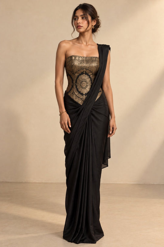 Svara Black Satin Party Wear Saree with Banarasi Corset Blouse One Minute Saree