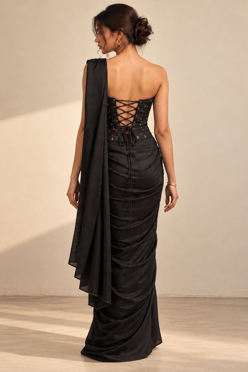 Svara Black Satin Party Wear Saree with Banarasi Corset Blouse One Minute Saree