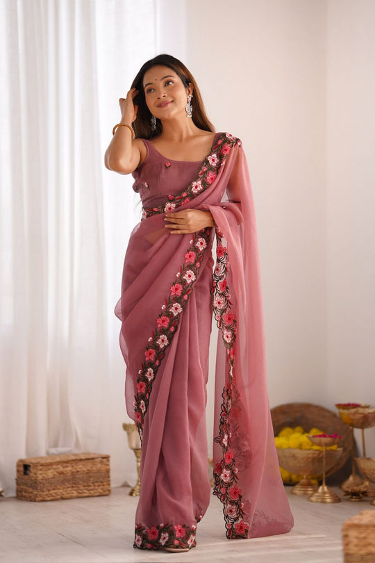 Lena Mauve Tissue Saree with Floral Embroidered Border Ready to Wear One Minute Saree