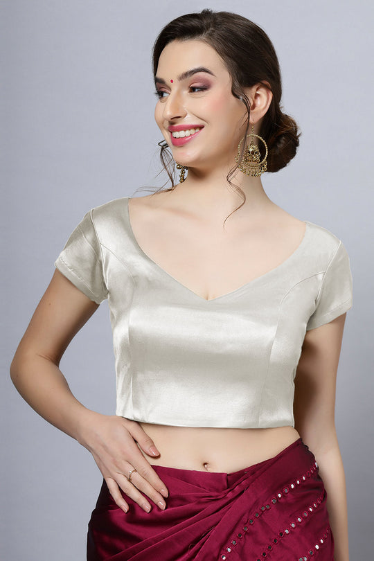 Mena Off-White Satin Comfort Stretch Leaf Neck Short Sleeve Blouse