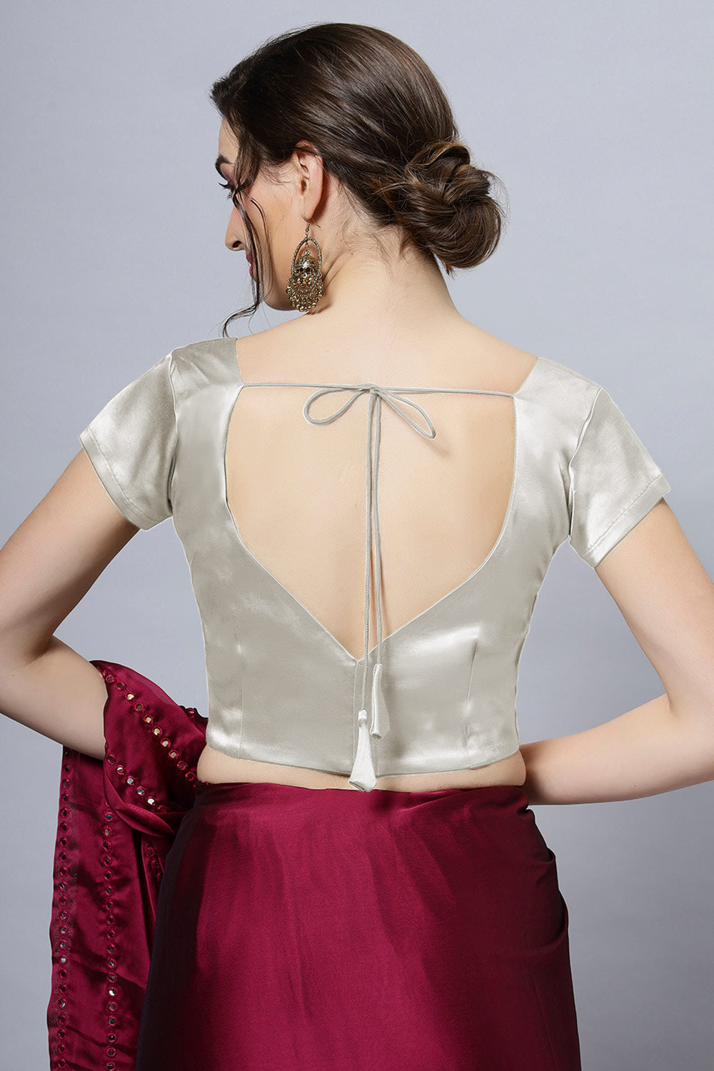 Mena Off-White Satin Comfort Stretch Leaf Neck Short Sleeve Blouse