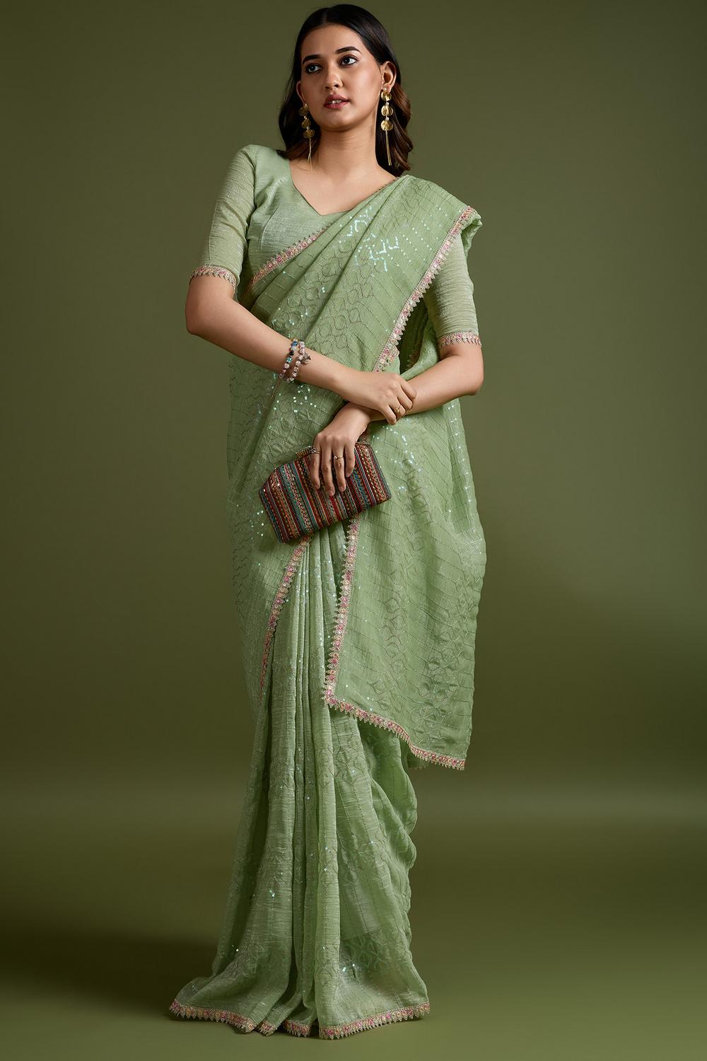 Buy Parrot Light Green Tissue Embellished Ready to Wear One Minute Saree