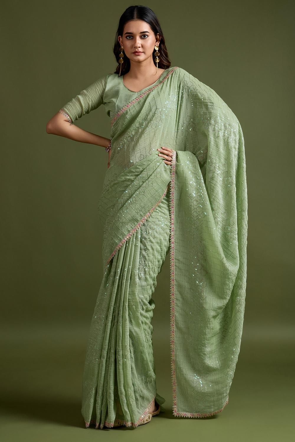 Parrot Light Green Tissue Embellished Ready to Wear One Minute Saree