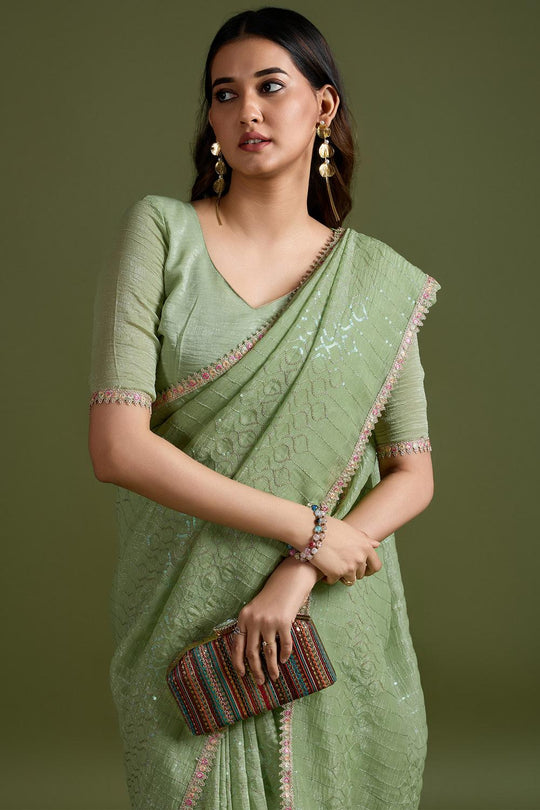 Parrot Light Green Tissue Embellished Ready to Wear One Minute Saree