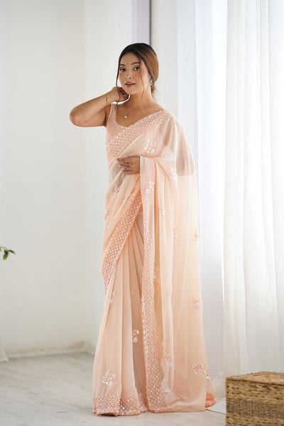 Tyra Blush Peach Georgette Net Embroidered Sequins One Minute Saree