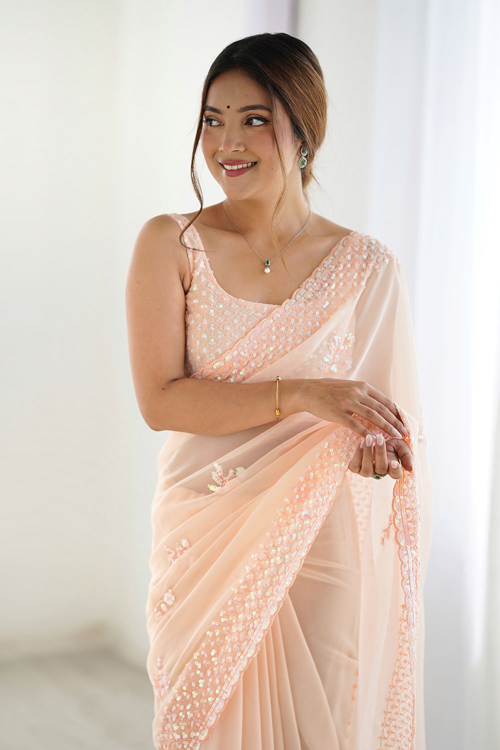 Tyra Blush Peach Georgette Net Embroidered Sequins One Minute Saree