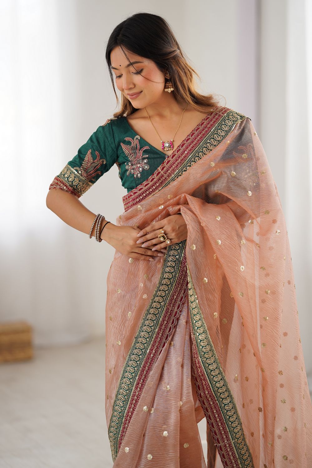 Uma Peach Banarasi Crush Sequins & Cording Lace Border Ready to Wear One Minute Saree