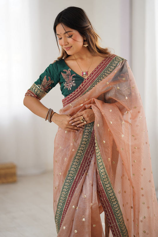 Uma Peach Banarasi Crush Sequins & Cording Lace Border Ready to Wear One Minute Saree