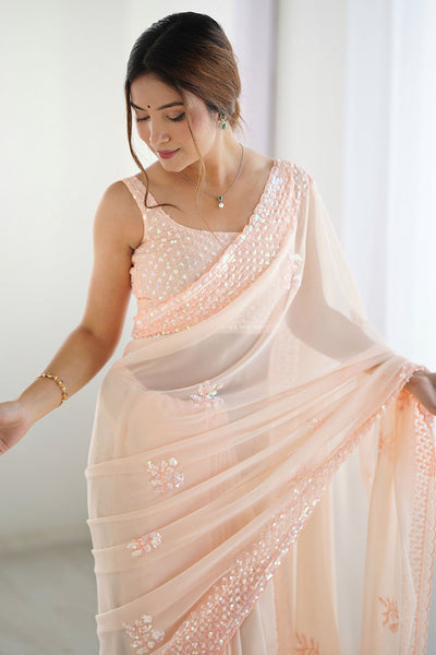 Tyra Blush Peach Georgette Net Embroidered Sequins One Minute Saree