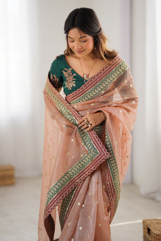 Uma Peach Banarasi Crush Sequins & Cording Lace Border Ready to Wear One Minute Saree