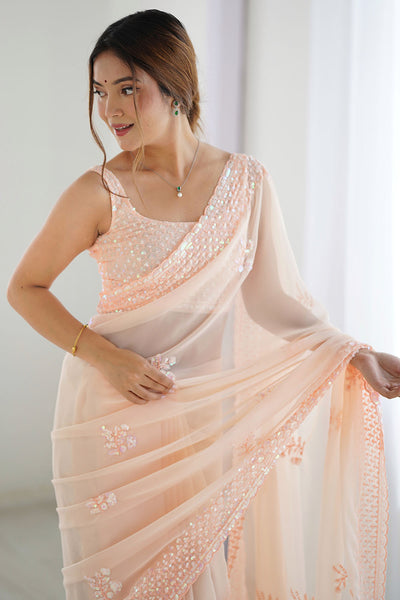 Tyra Blush Peach Georgette Net Embroidered Sequins One Minute Saree