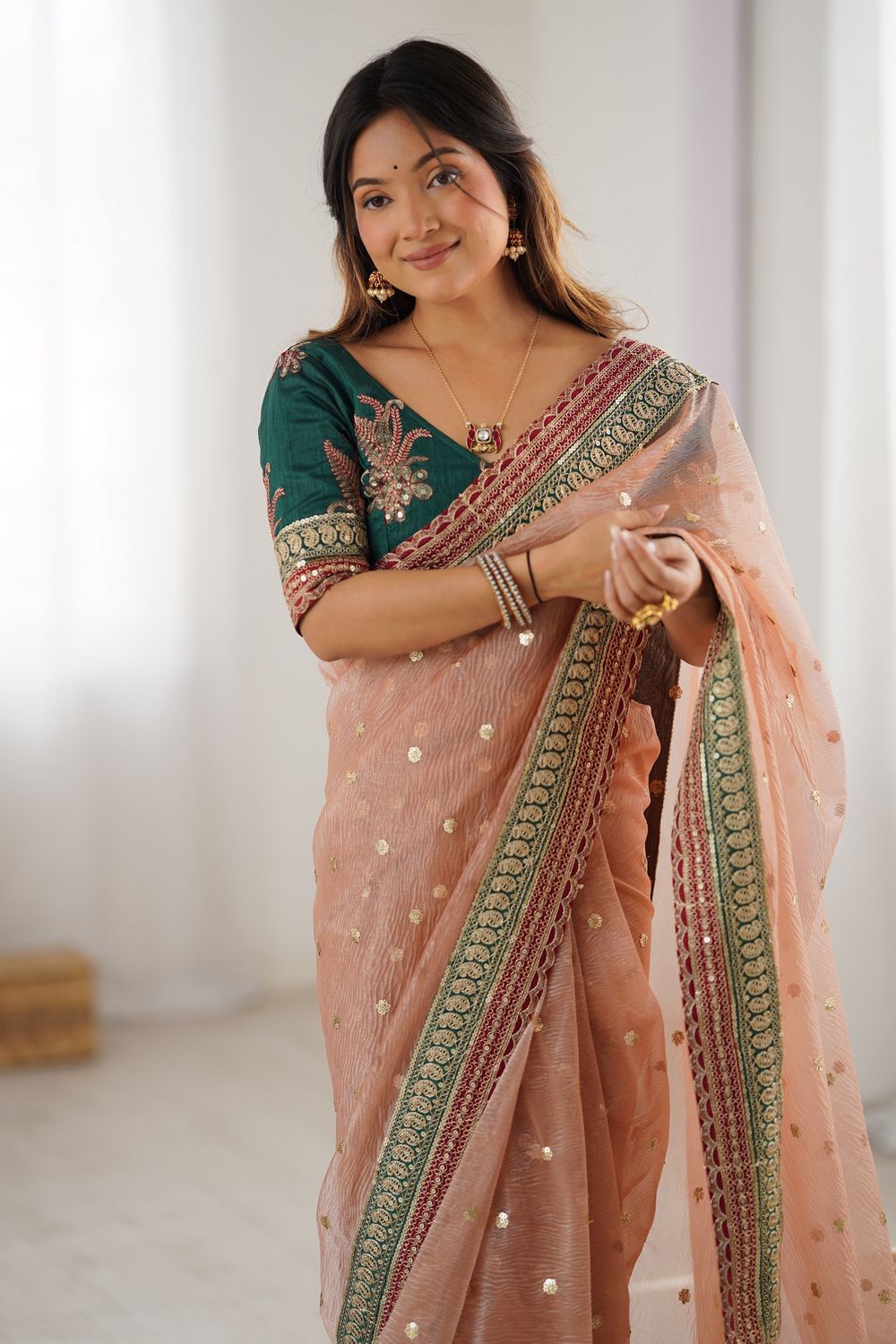 Uma Peach Banarasi Crush Sequins & Cording Lace Border Ready to Wear One Minute Saree