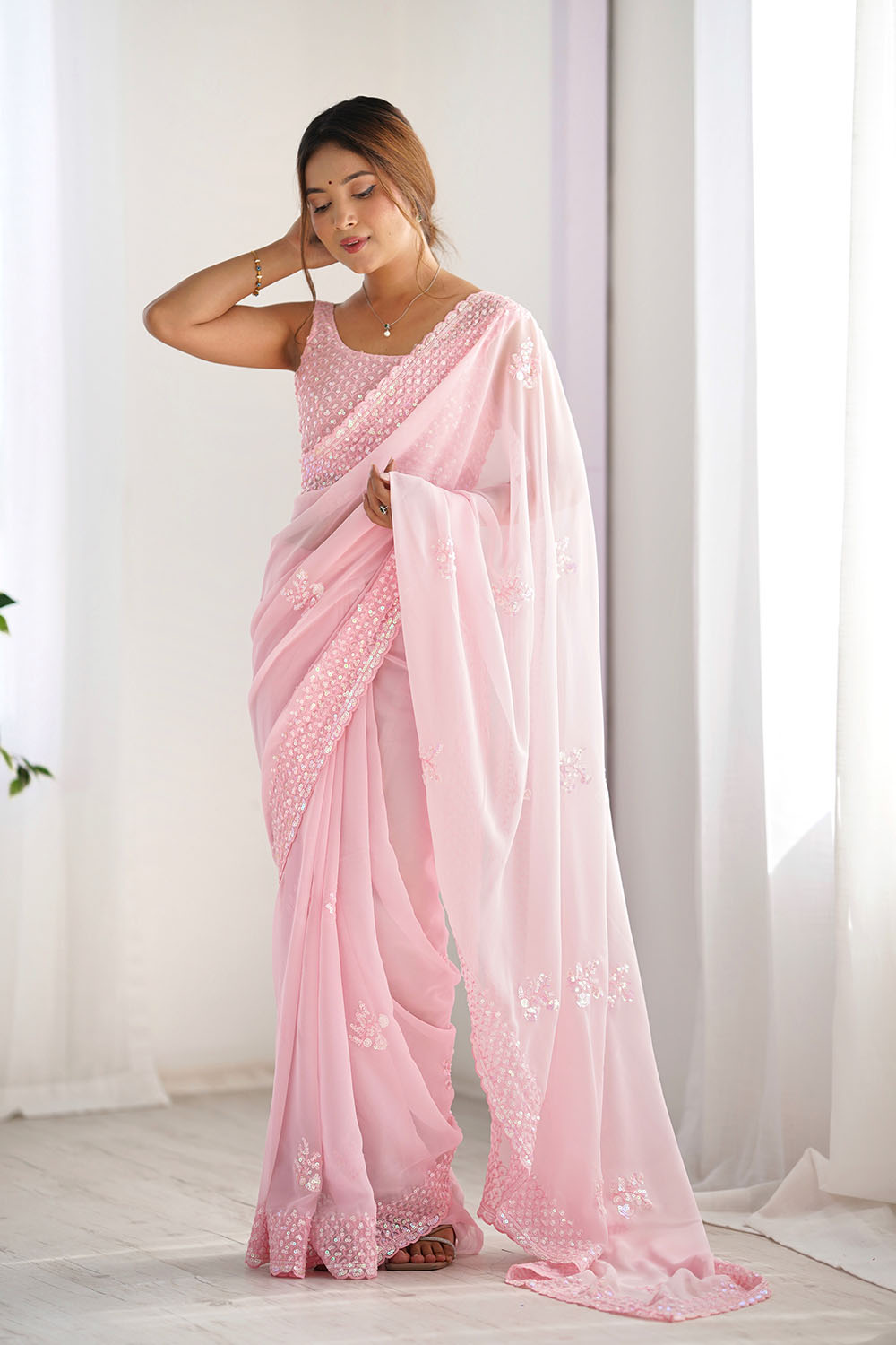 Tyra Light Pink Georgette Net Embroidered Sequins One Minute Saree