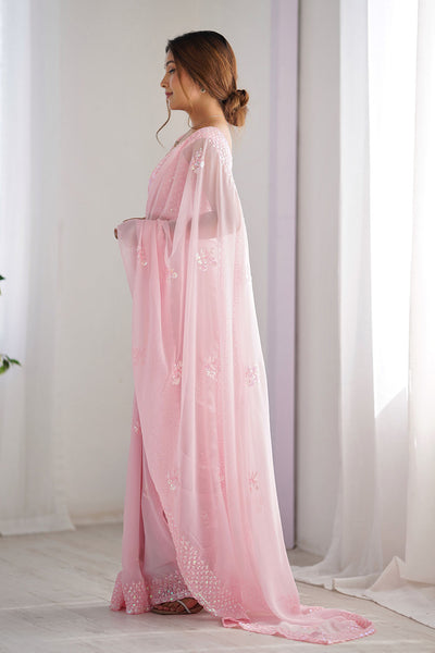 Tyra Light Pink Georgette Net Embroidered Sequins One Minute Saree