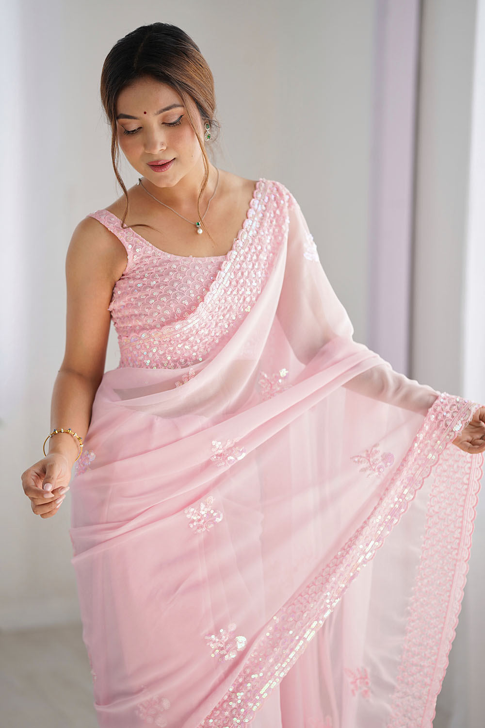 Tyra Light Pink Georgette Net Embroidered Sequins One Minute Saree