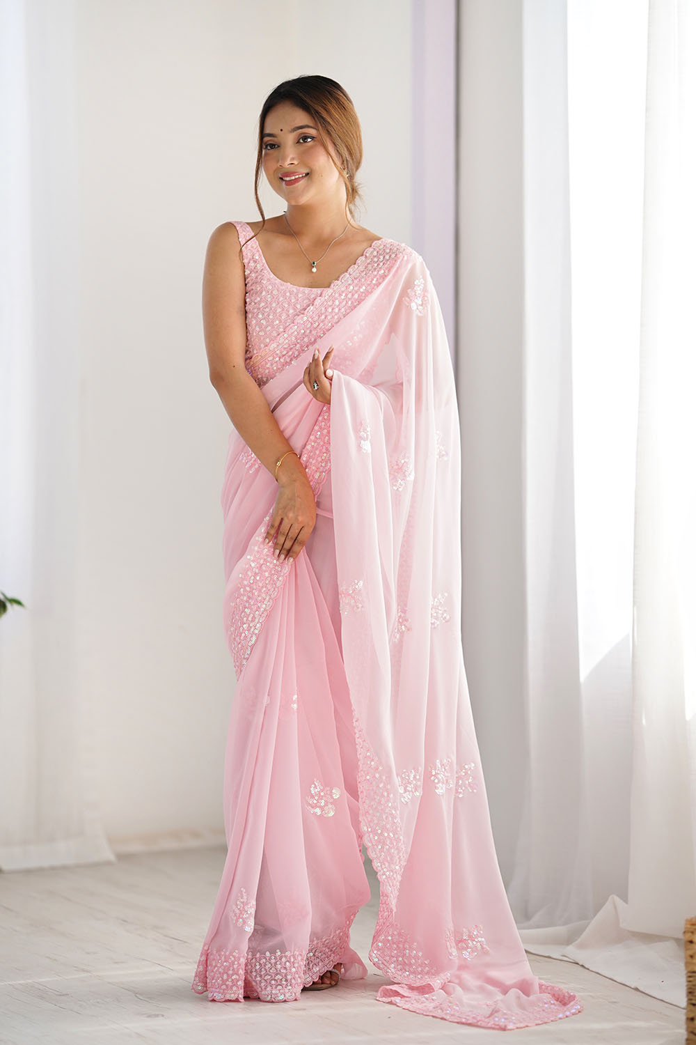 Tyra Light Pink Georgette Net Embroidered Sequins One Minute Saree