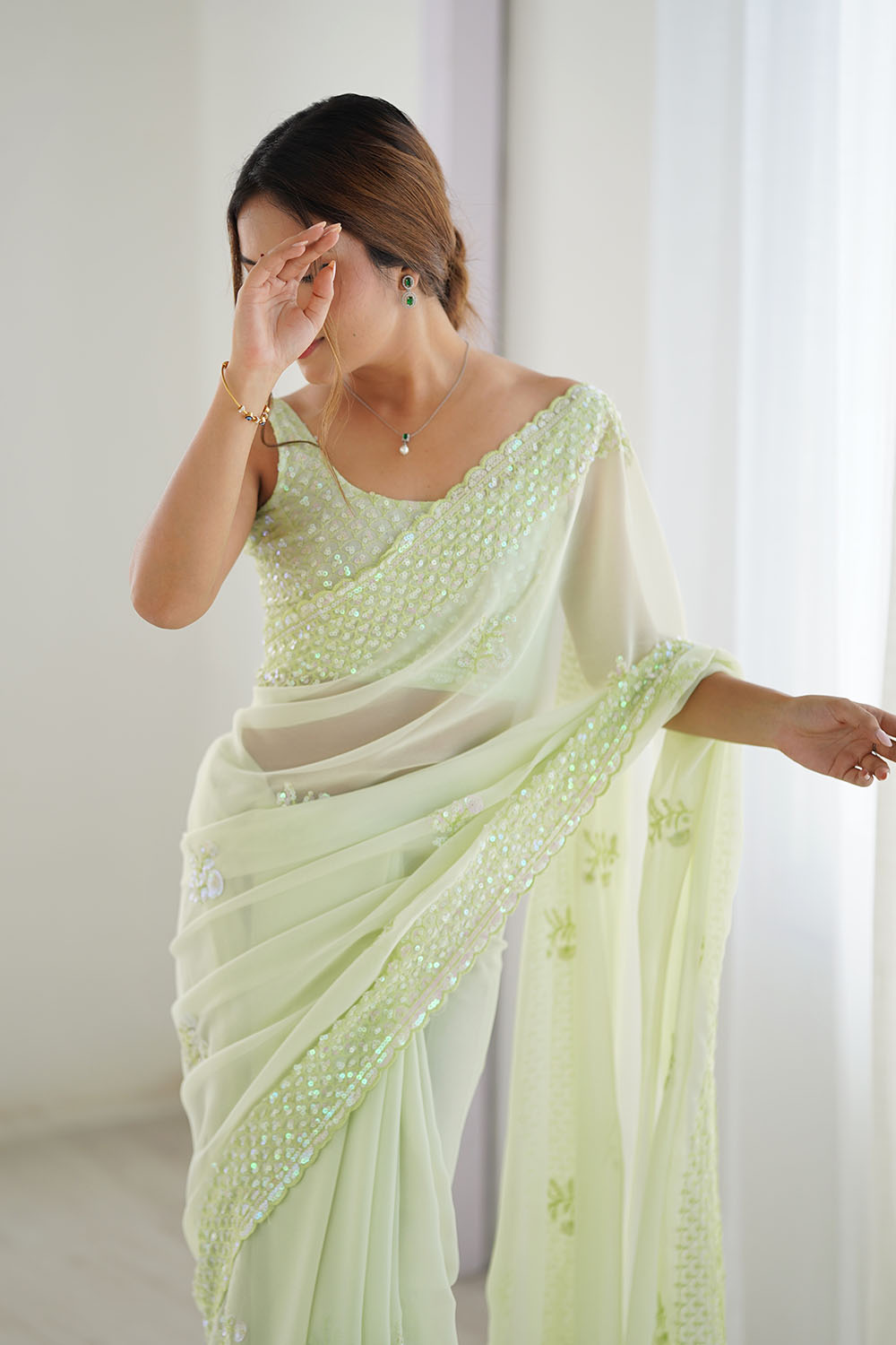 Tyra Pastel Green Georgette Net Embroidered Sequins One Minute Saree