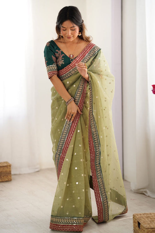 Uma Olive Green Banarasi Crush Sequins & Cording Lace Border Ready to Wear One Minute Saree