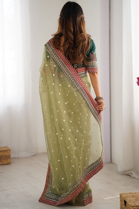 Uma Olive Green Banarasi Crush Sequins & Cording Lace Border Ready to Wear One Minute Saree
