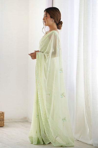 Tyra Pastel Green Georgette Net Embroidered Sequins One Minute Saree