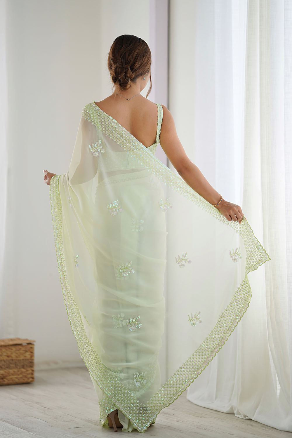 Tyra Pastel Green Georgette Net Embroidered Sequins One Minute Saree
