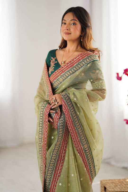 Uma Olive Green Banarasi Crush Sequins & Cording Lace Border Ready to Wear One Minute Saree