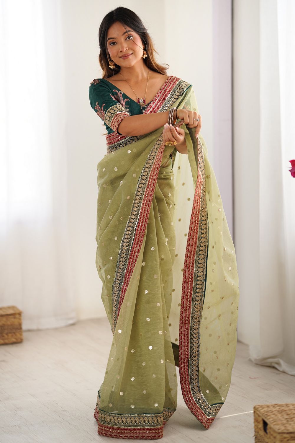 Uma Olive Green Banarasi Crush Sequins & Cording Lace Border Ready to Wear One Minute Saree