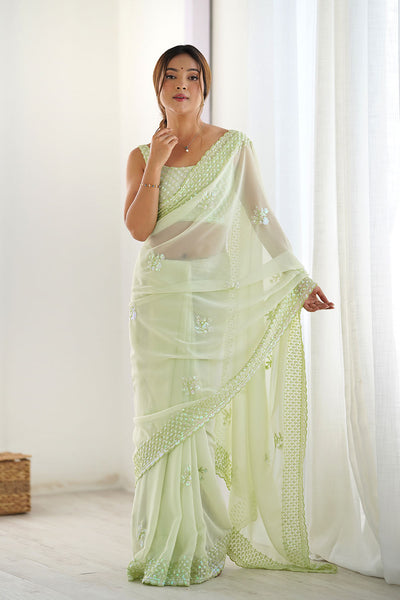 Tyra Pastel Green Georgette Net Embroidered Sequins One Minute Saree