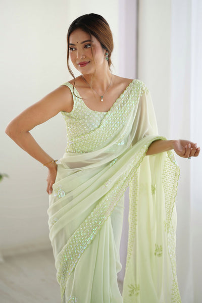 Tyra Pastel Green Georgette Net Embroidered Sequins One Minute Saree