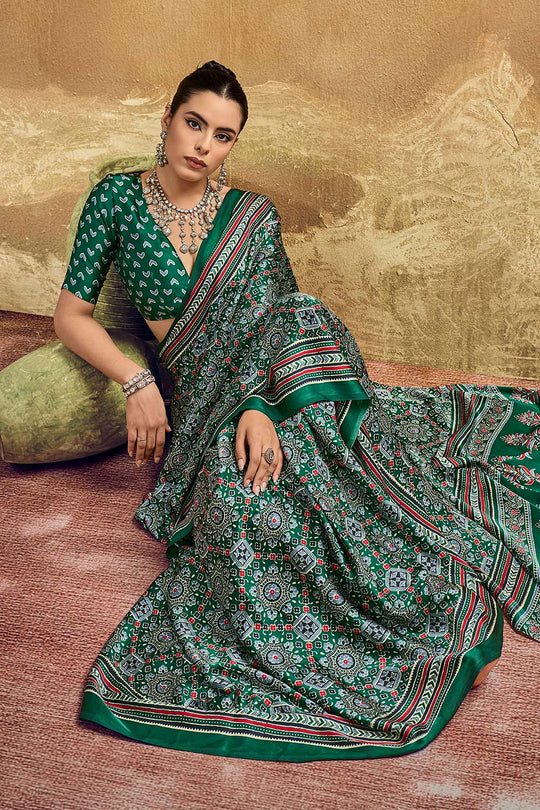 Carina Green Modal Satin Ajrakh Print with Traditional Motifs Ready to Wear Saree