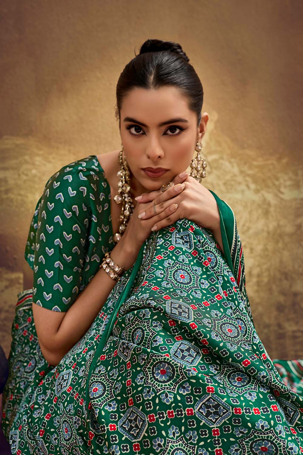 Carina Green Modal Satin Ajrakh Print with Traditional Motifs Ready to Wear Saree