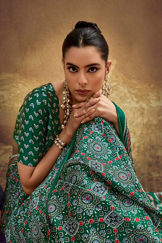 Carina Green Modal Satin Ajrakh Print with Traditional Motifs Ready to Wear Saree