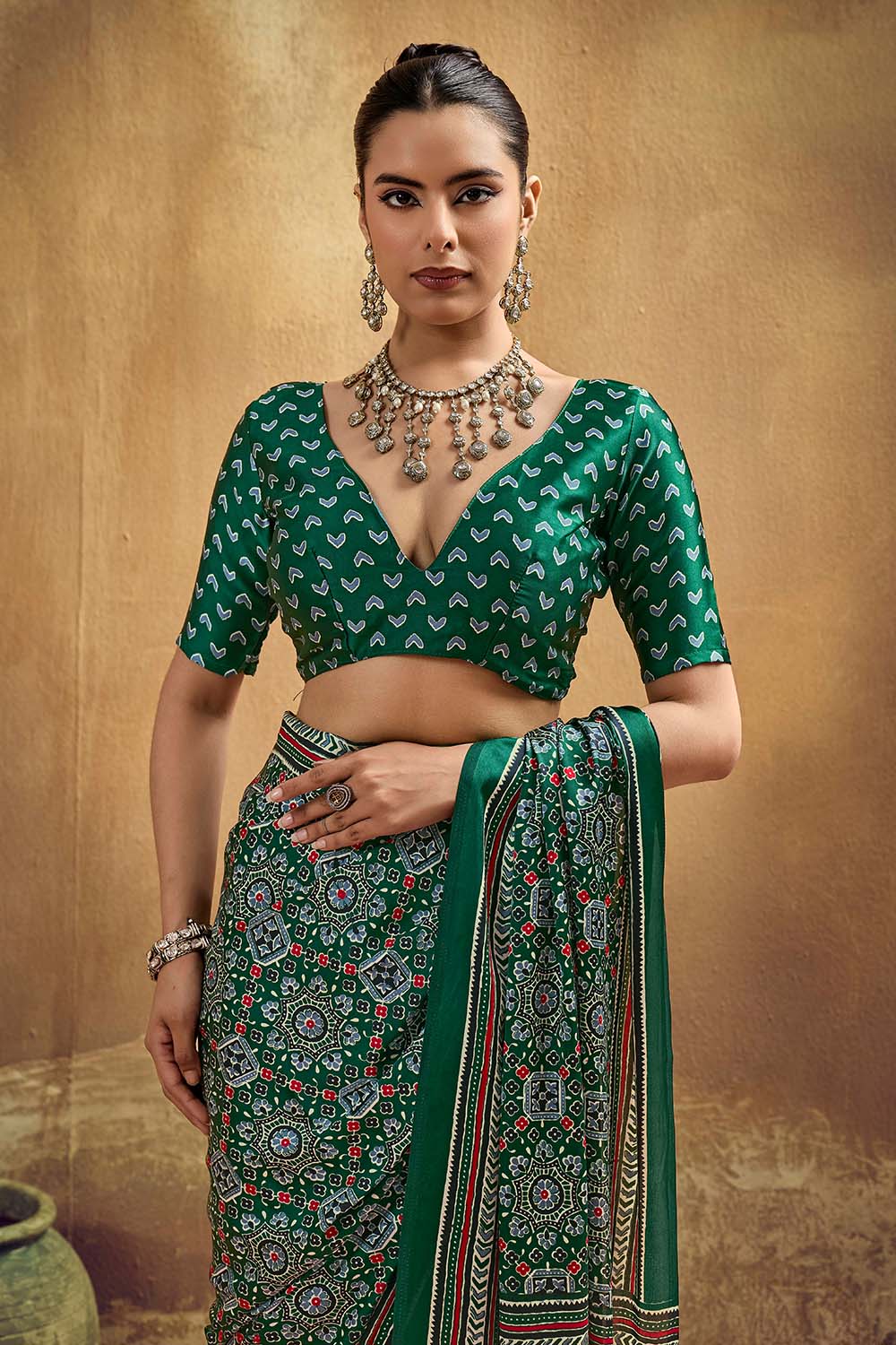 Carina Green Modal Satin Ajrakh Print with Traditional Motifs Ready to Wear Saree