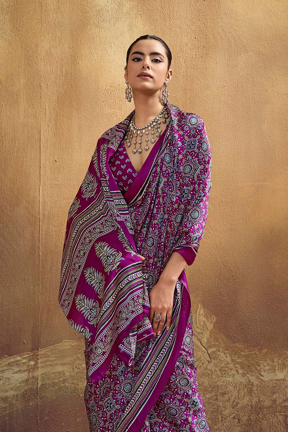 Carina Magenta Modal Satin Ajrakh Print with Traditional Motifs Ready to Wear Saree