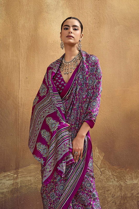 Carina Magenta Modal Satin Ajrakh Print with Traditional Motifs Ready to Wear Saree