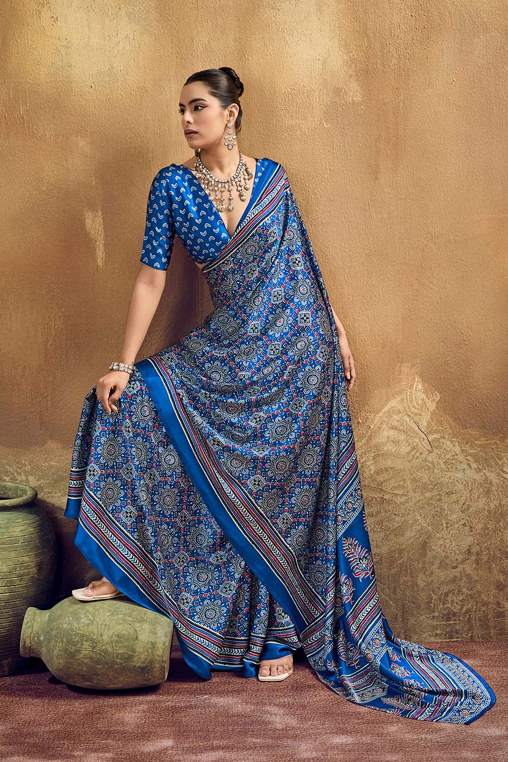 Carina Blue Modal Satin Ajrakh Print with Traditional Motifs Ready to Wear Saree