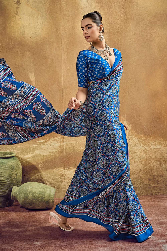 Carina Blue Modal Satin Ajrakh Print with Traditional Motifs Ready to Wear Saree