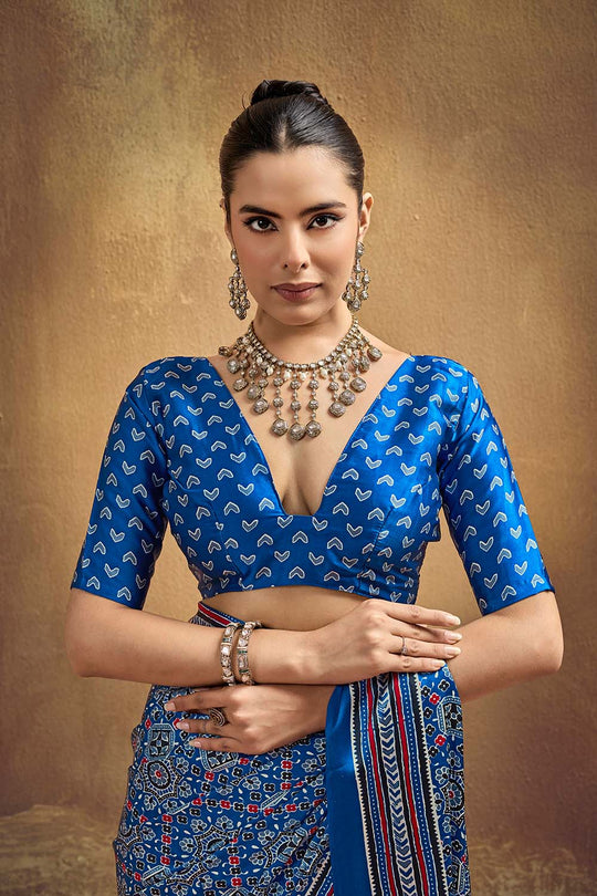 Carina Blue Modal Satin Ajrakh Print with Traditional Motifs Ready to Wear Saree