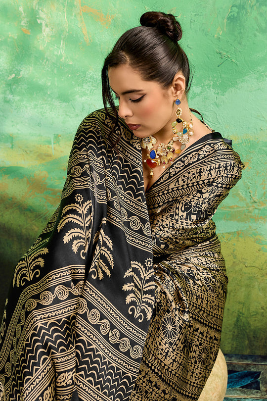 Bea Black Modal Satin Ajrakh Print Ready to Wear Saree