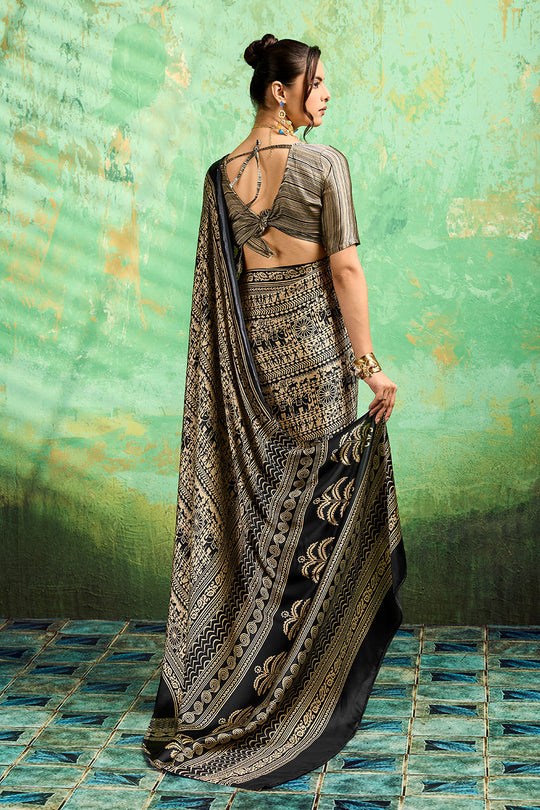 Bea Black Modal Satin Ajrakh Print Ready to Wear Saree