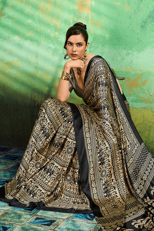 Bea Black Modal Satin Ajrakh Print Ready to Wear Saree