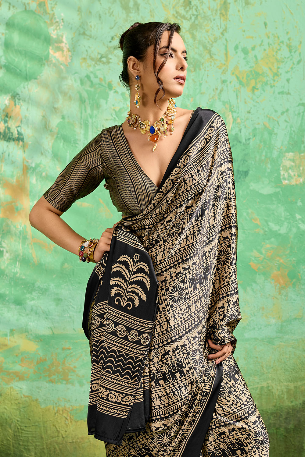 Bea Black Modal Satin Ajrakh Print Ready to Wear Saree