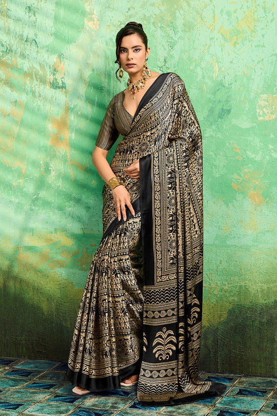 Bea Black Modal Satin Ajrakh Print Ready to Wear Saree