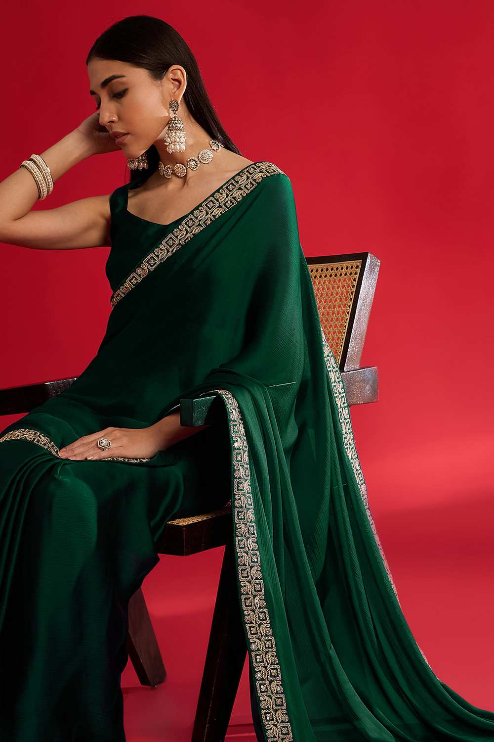 Radha Green Satin Solid Ready To Wear One Minute Saree