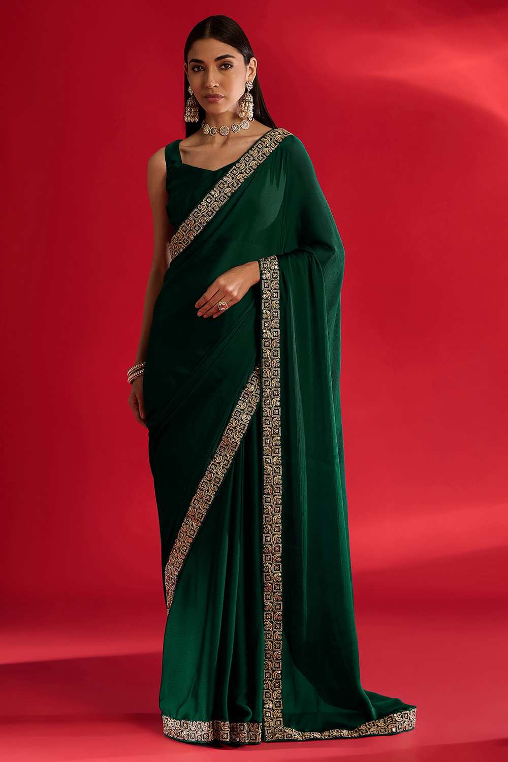 Radha Green Satin Solid Ready To Wear One Minute Saree
