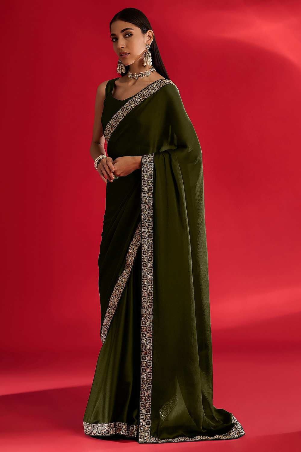 Radha Olive Satin Solid Ready To Wear One Minute Saree