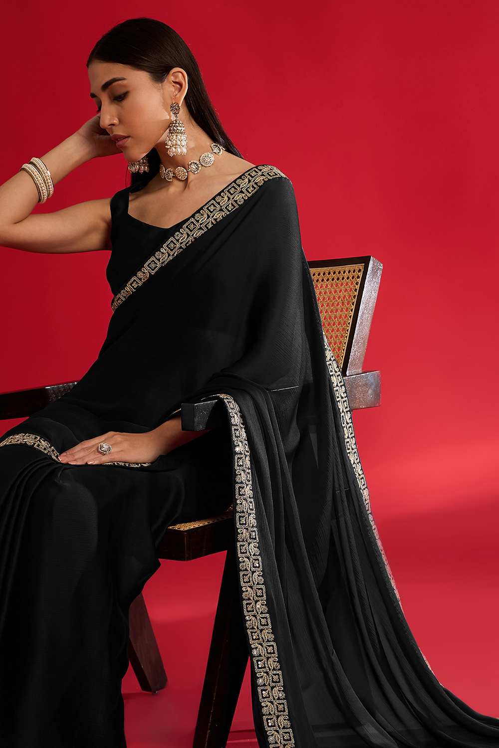 Radha Black Satin Solid Ready To Wear One Minute Saree